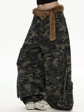 Wide-Leg Camo Cargo Pants with Faux Fur Belt